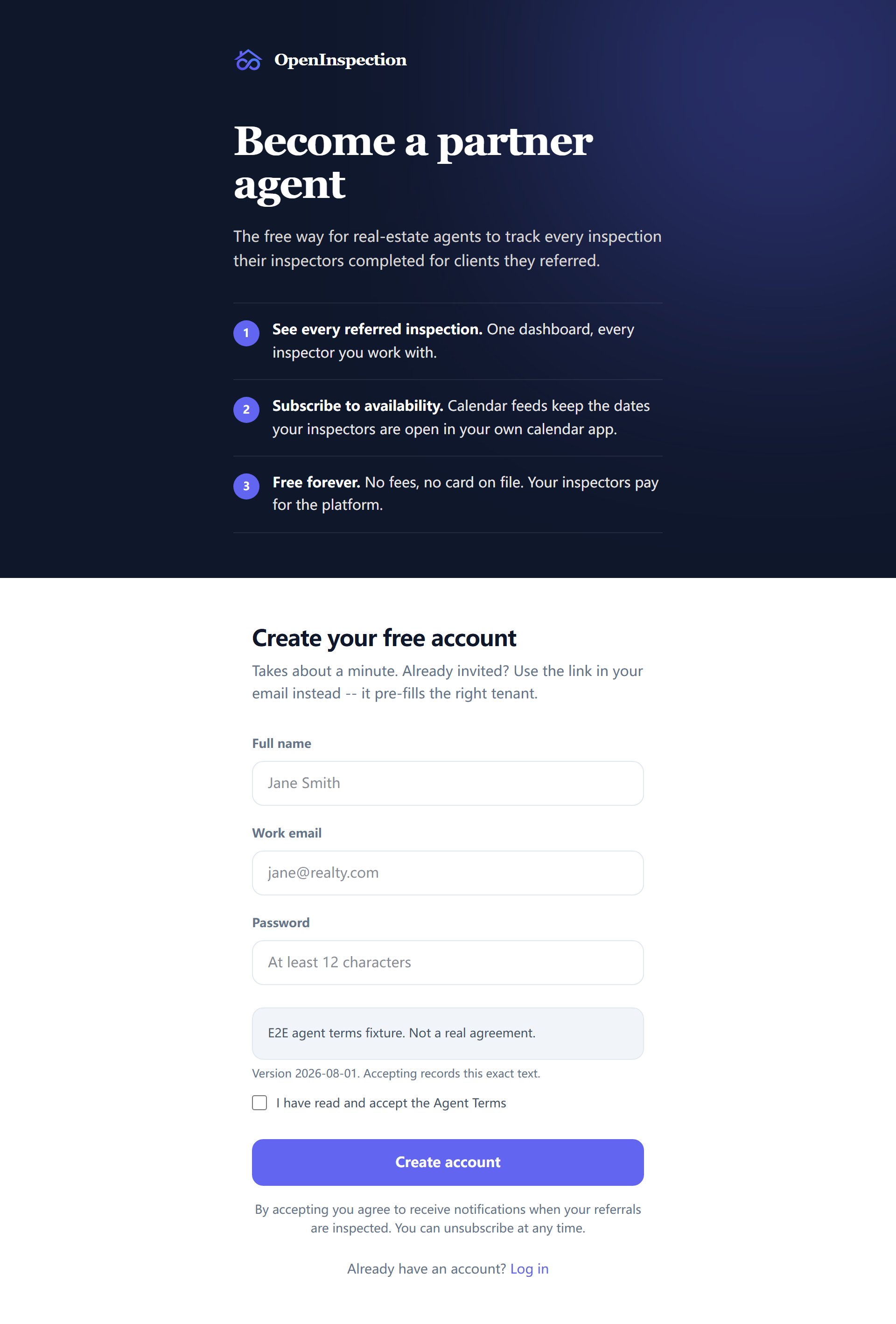 The agent sign-up form, with the agent terms shown in full above the acceptance tick
