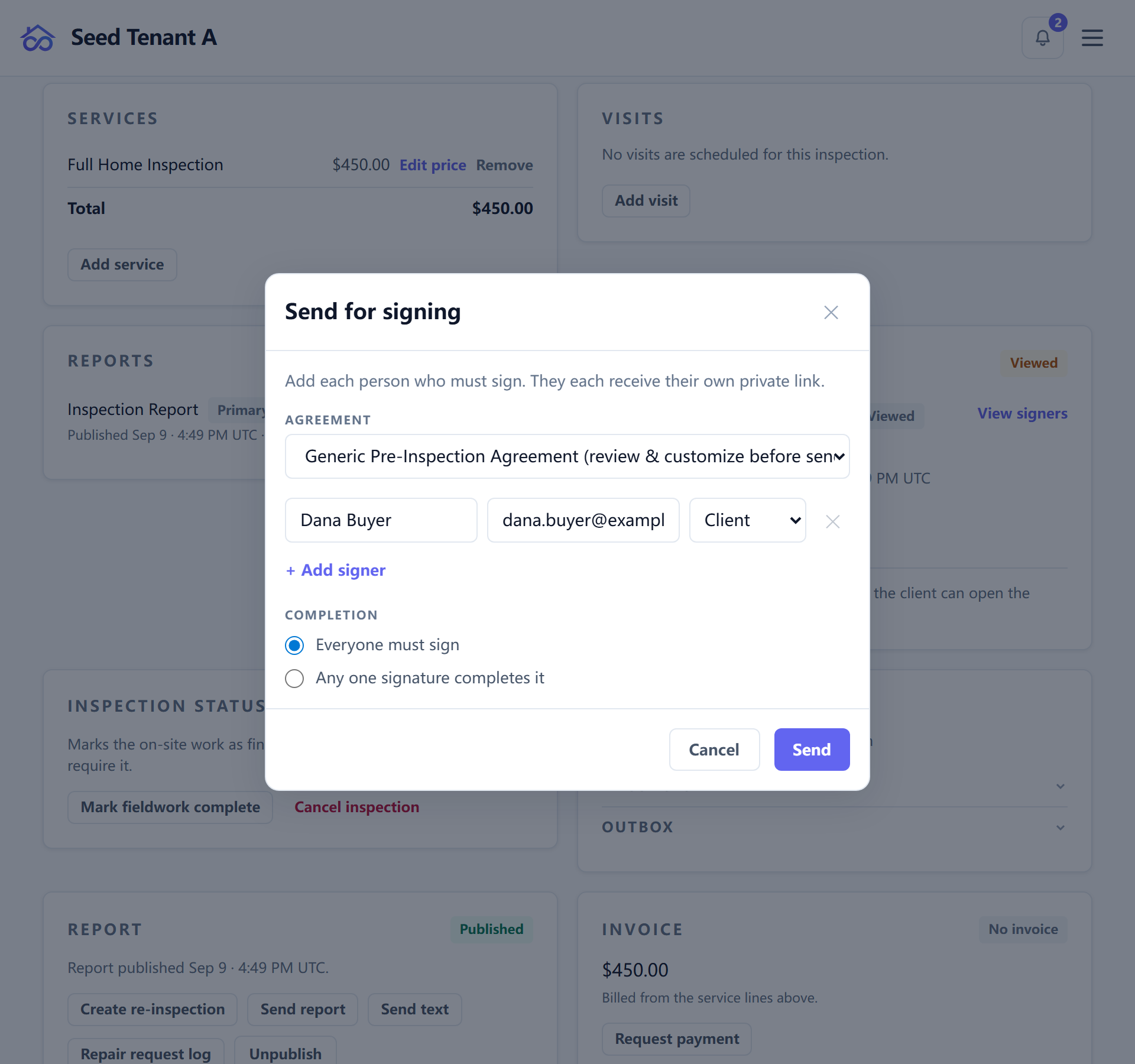 The send-agreement dialog, with the template, the signers and the completion policy