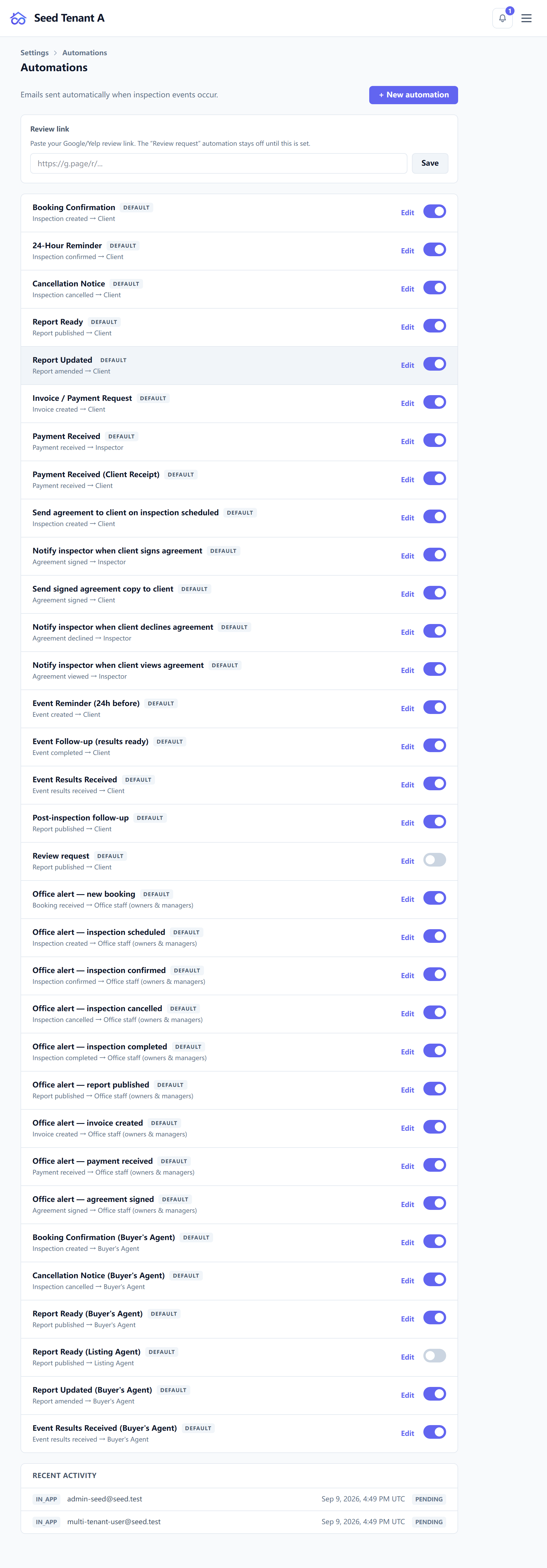 The automations list, with each rule's trigger and recipient