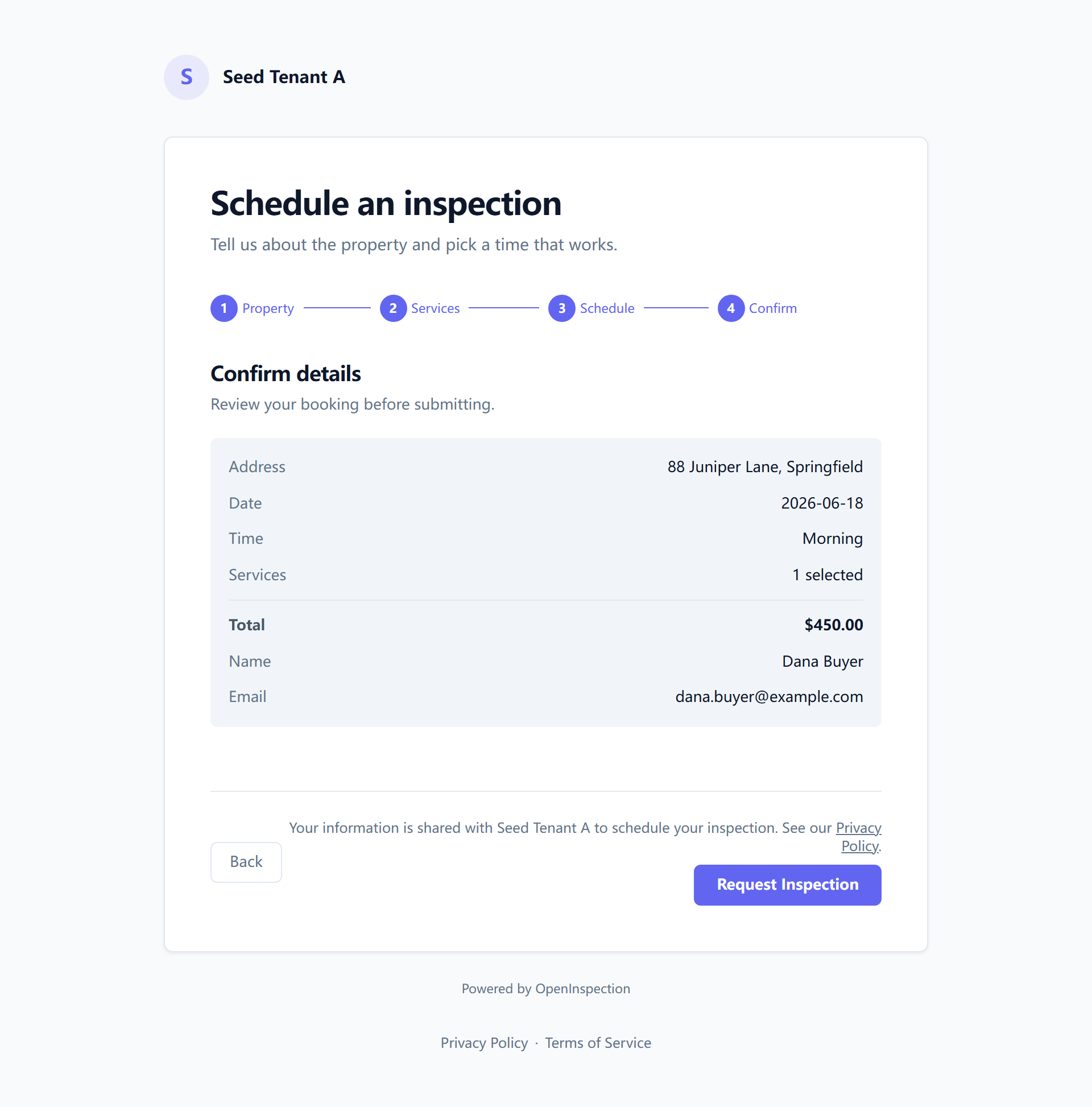 The confirmation screen shown after a booking is submitted