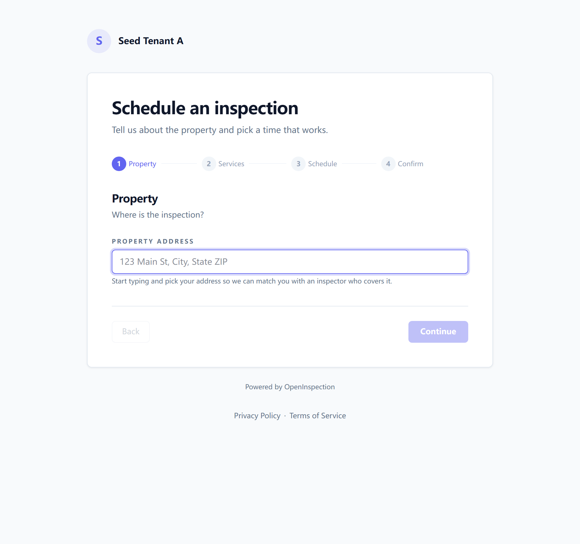 An inspection company's public booking page