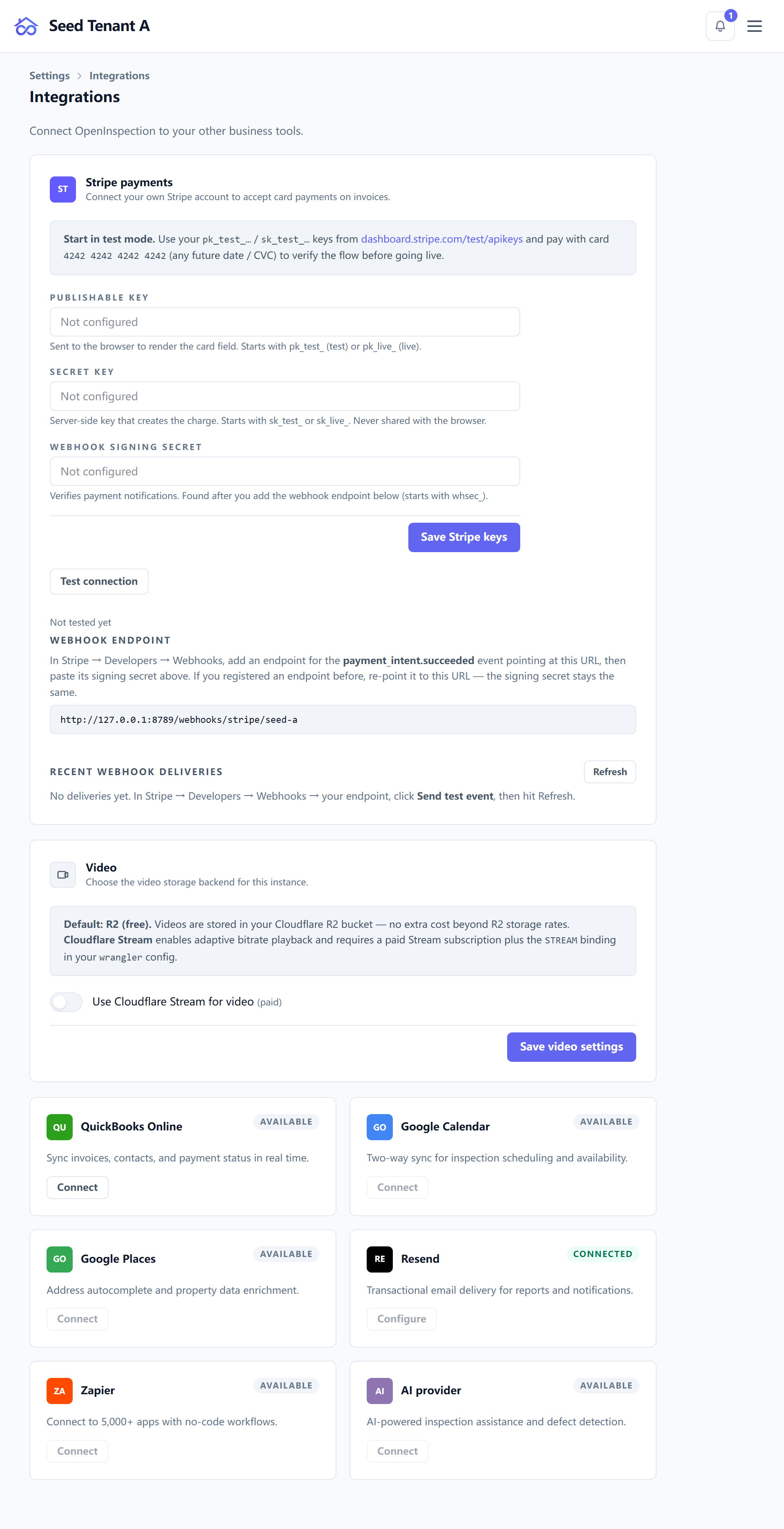 The integrations page, with the connected services listed as cards
