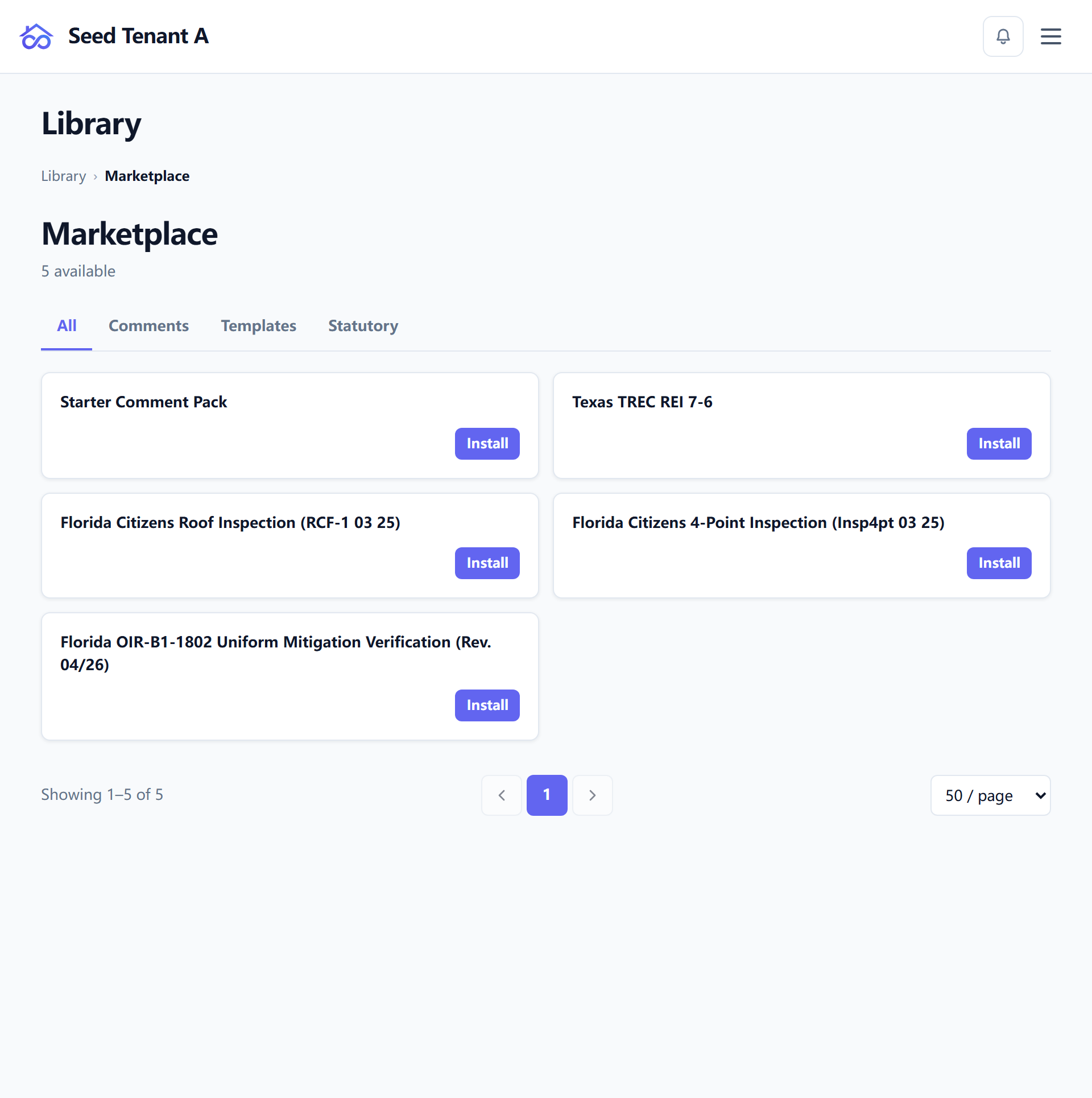 The marketplace with its kind tabs and installable entries