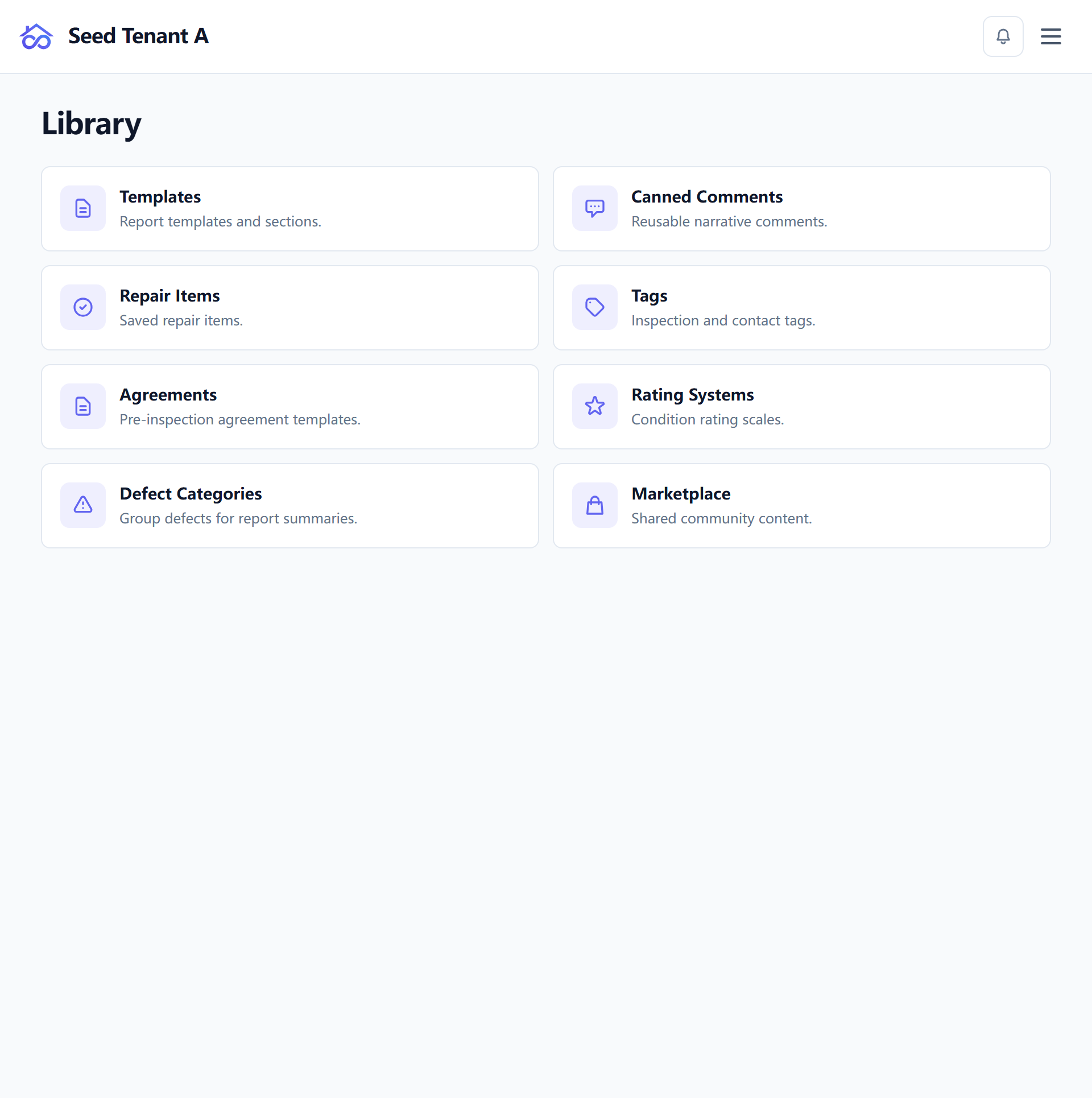 The library, listing the kinds of content a workspace owns