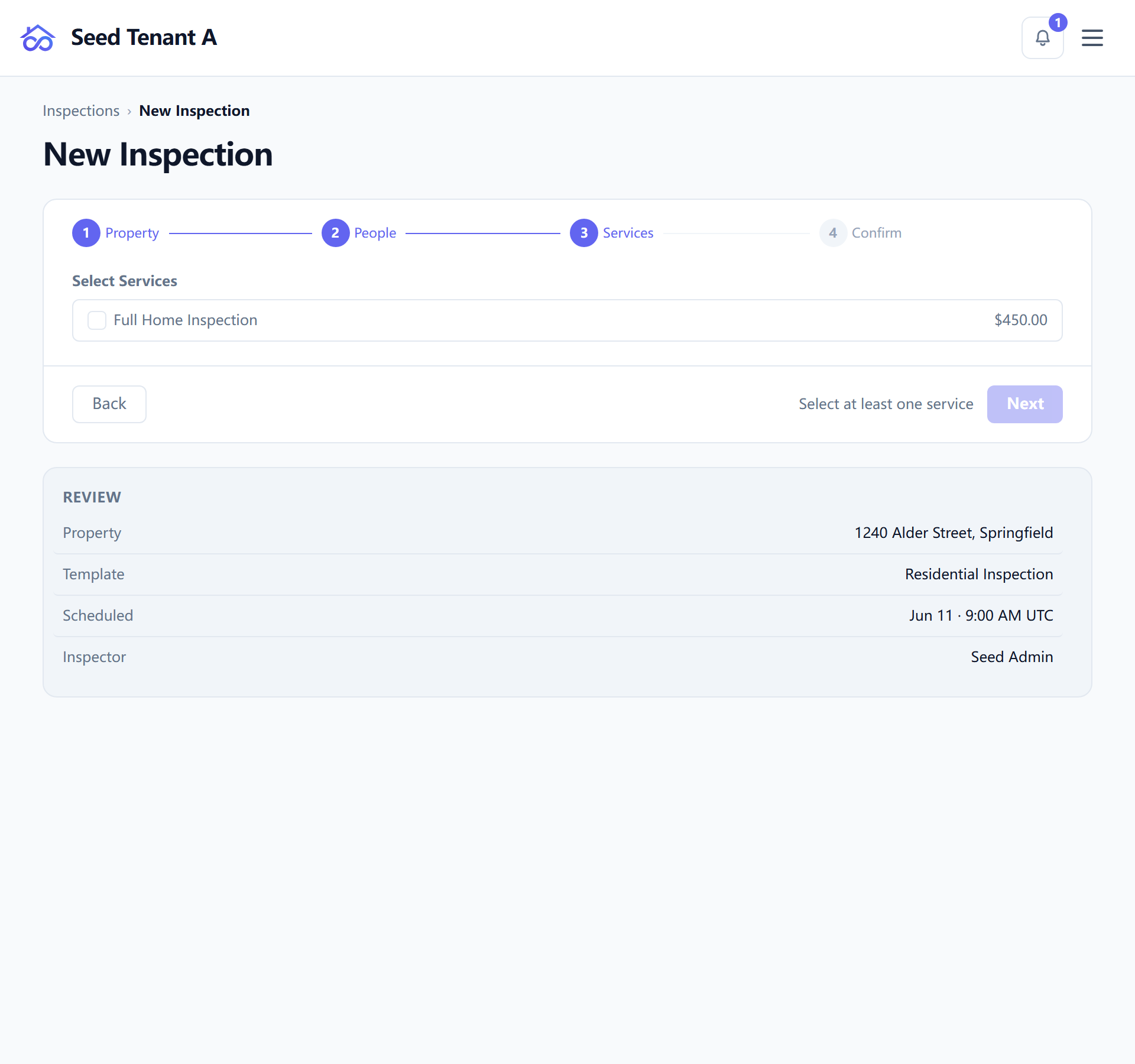 Step three, choosing the services and the template