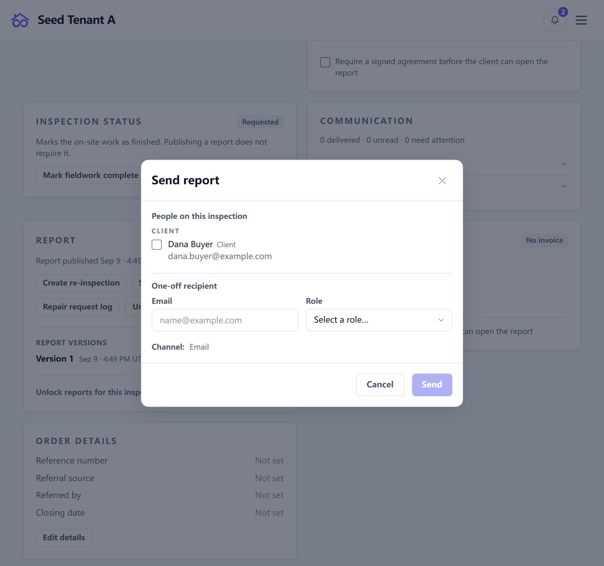 The send-report dialog, with the people on the inspection grouped by role