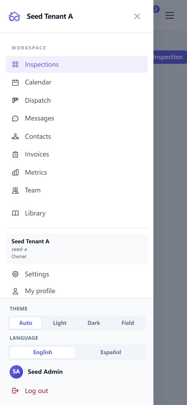 The top bar on a narrow window, with the navigation drawer open over the page