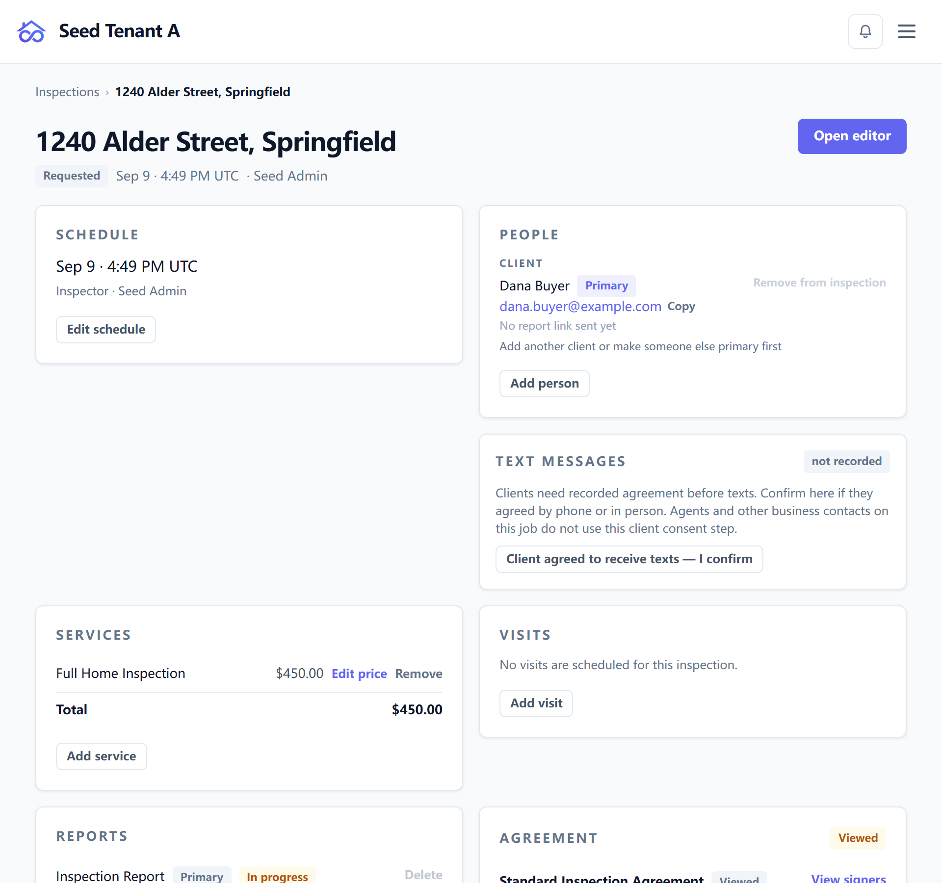 One inspection's page, showing the status pill in the header and the cards below it
