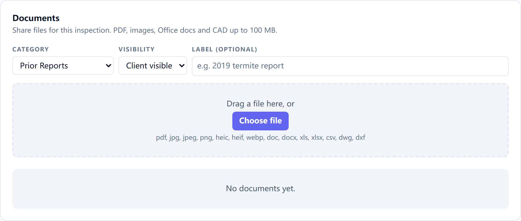 The Documents area with files grouped by category