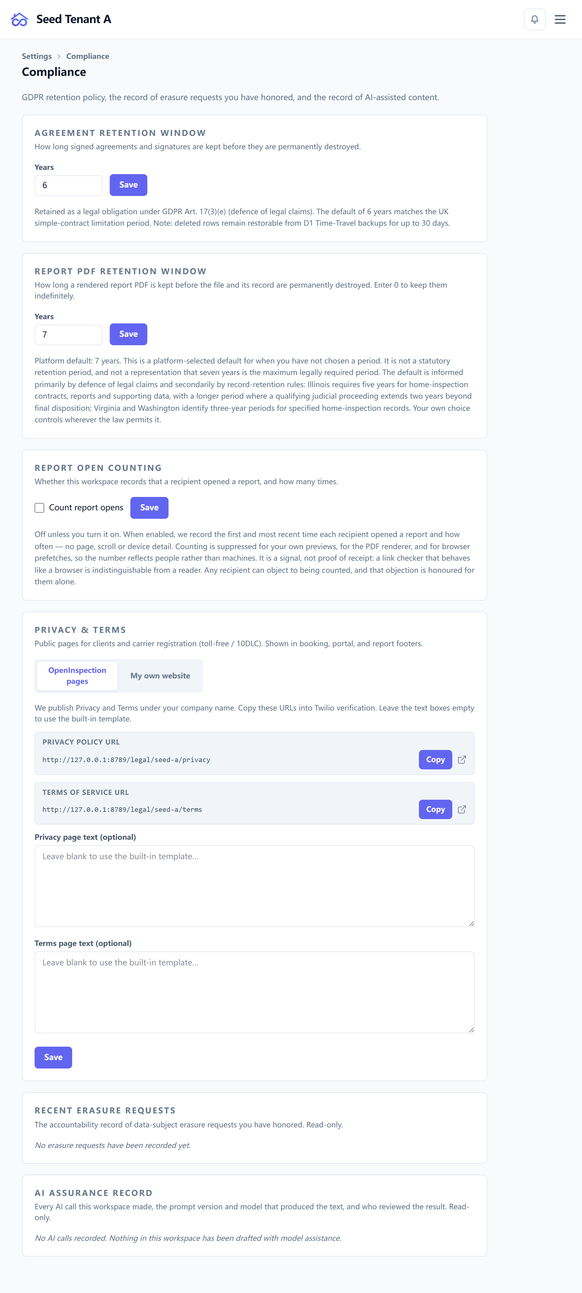 The compliance page, with the retention windows above the erasure log