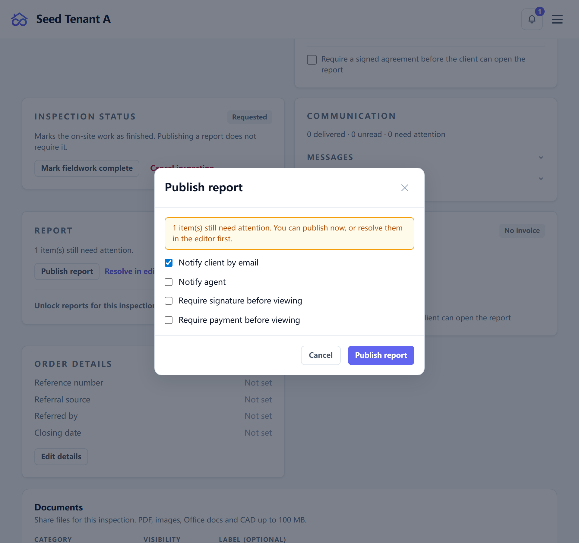 The publish dialog listing the defects that are blocking, each linked to the item it sits on