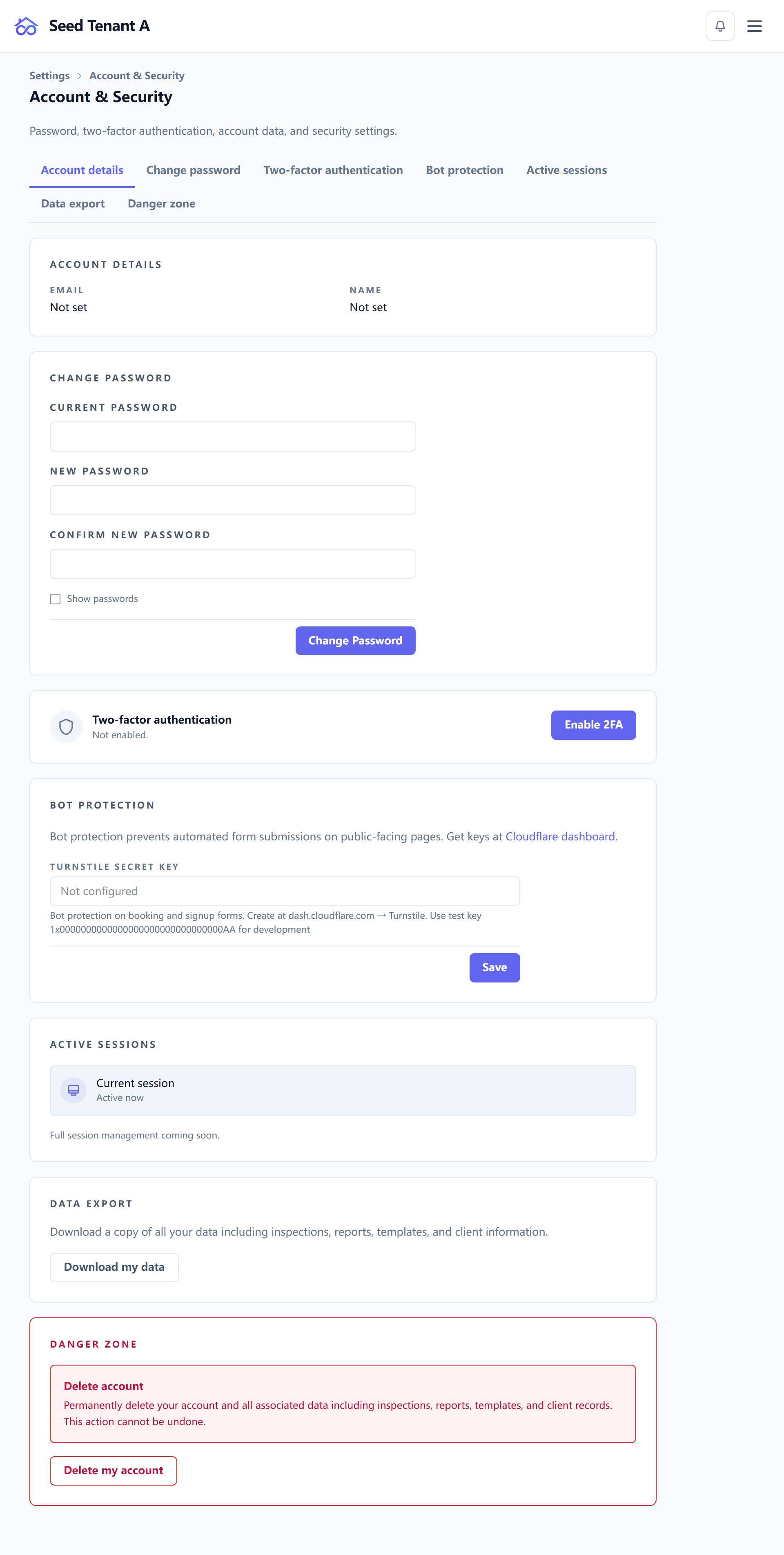 The security page with its account, password and two-factor sections