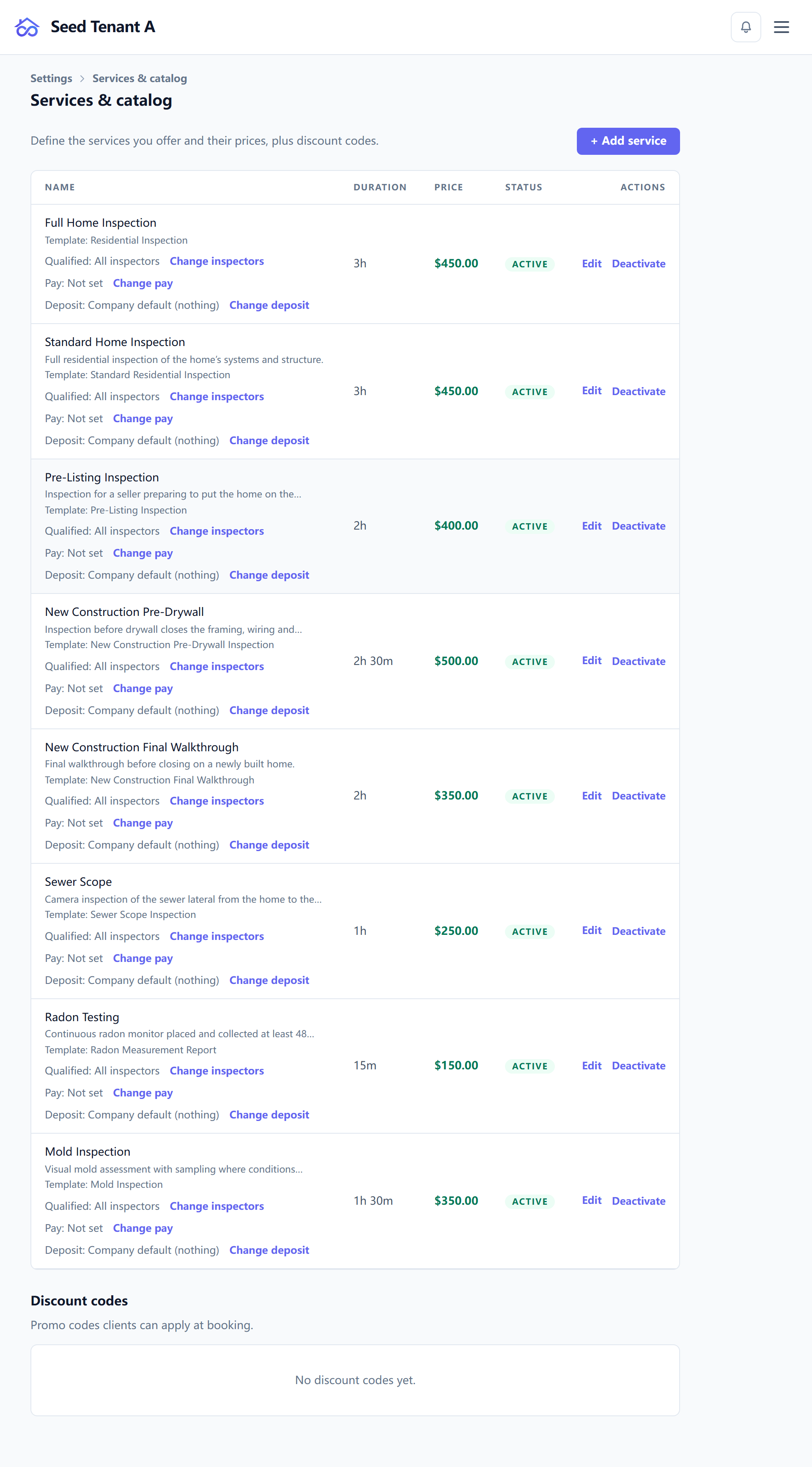 The services list, each row with its price and duration
