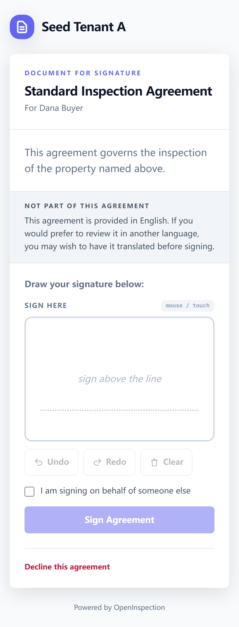 The signing page on a phone, with the agreement text above the signature area