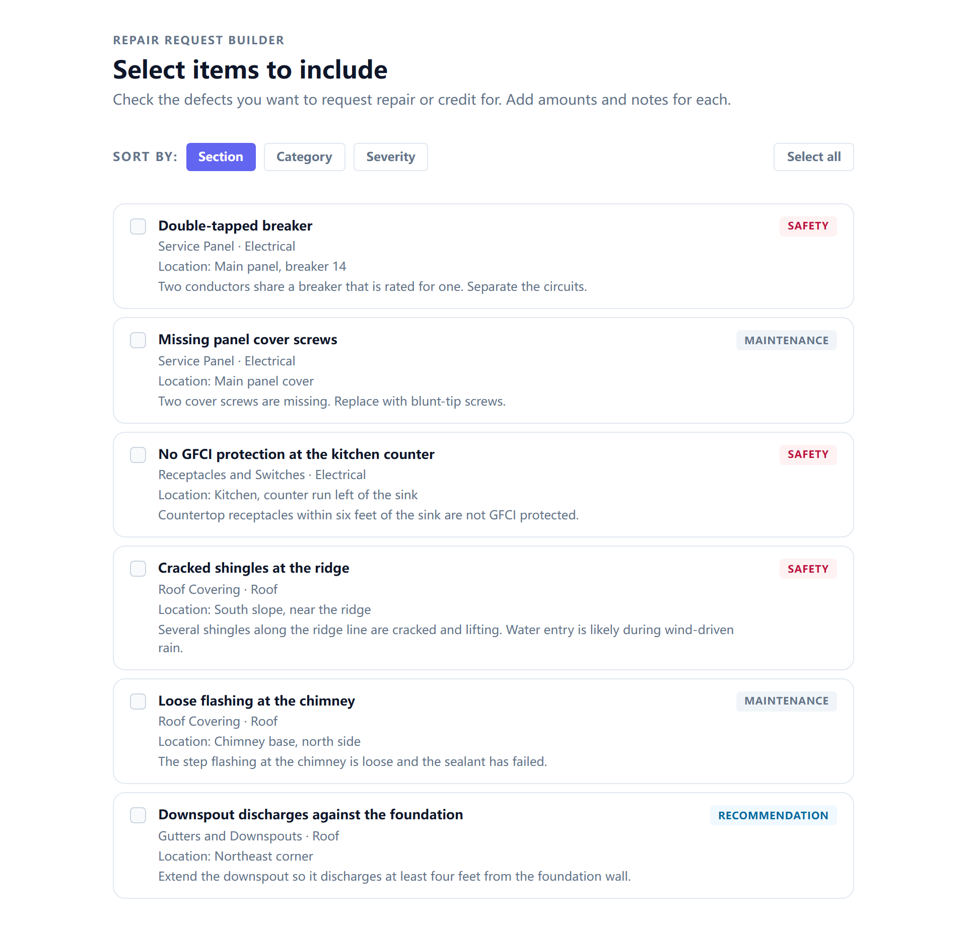 The repair request builder, with findings from the report selectable
