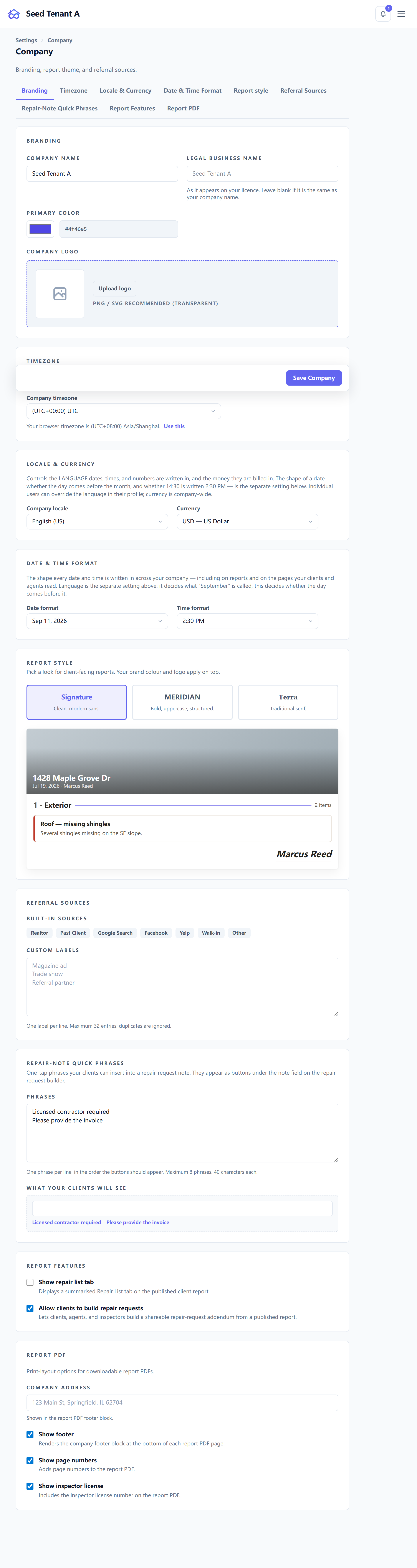 The workspace settings page with its section navigation