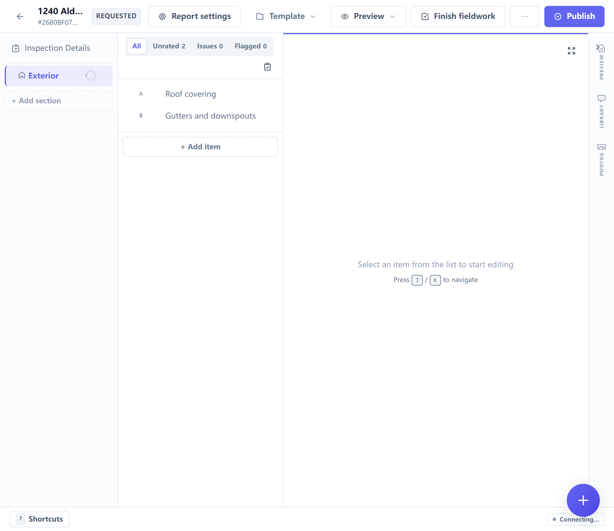 The editor with the section list, the item list and one item's detail open
