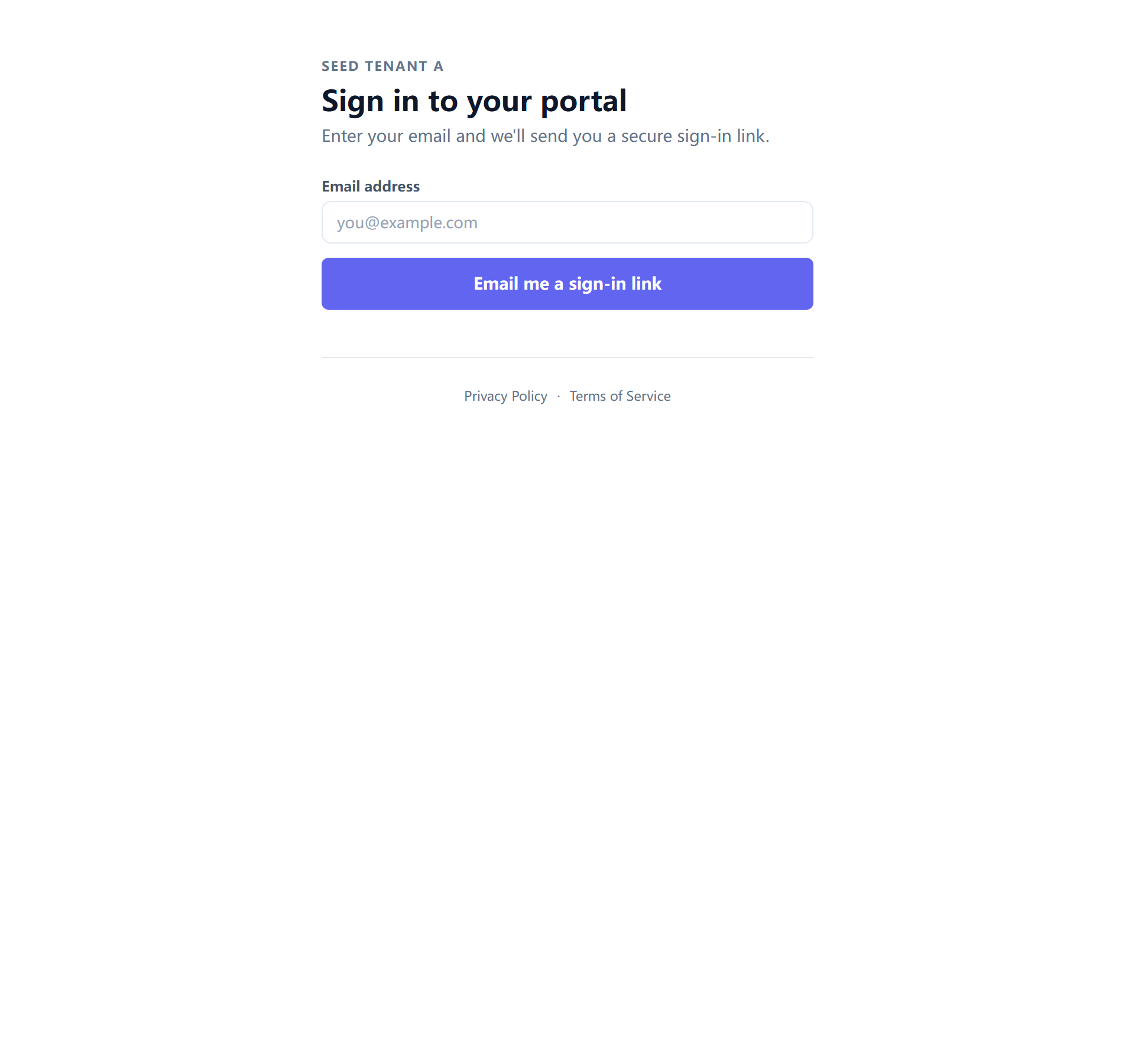 The client portal's signed-out screen, asking only for an email address