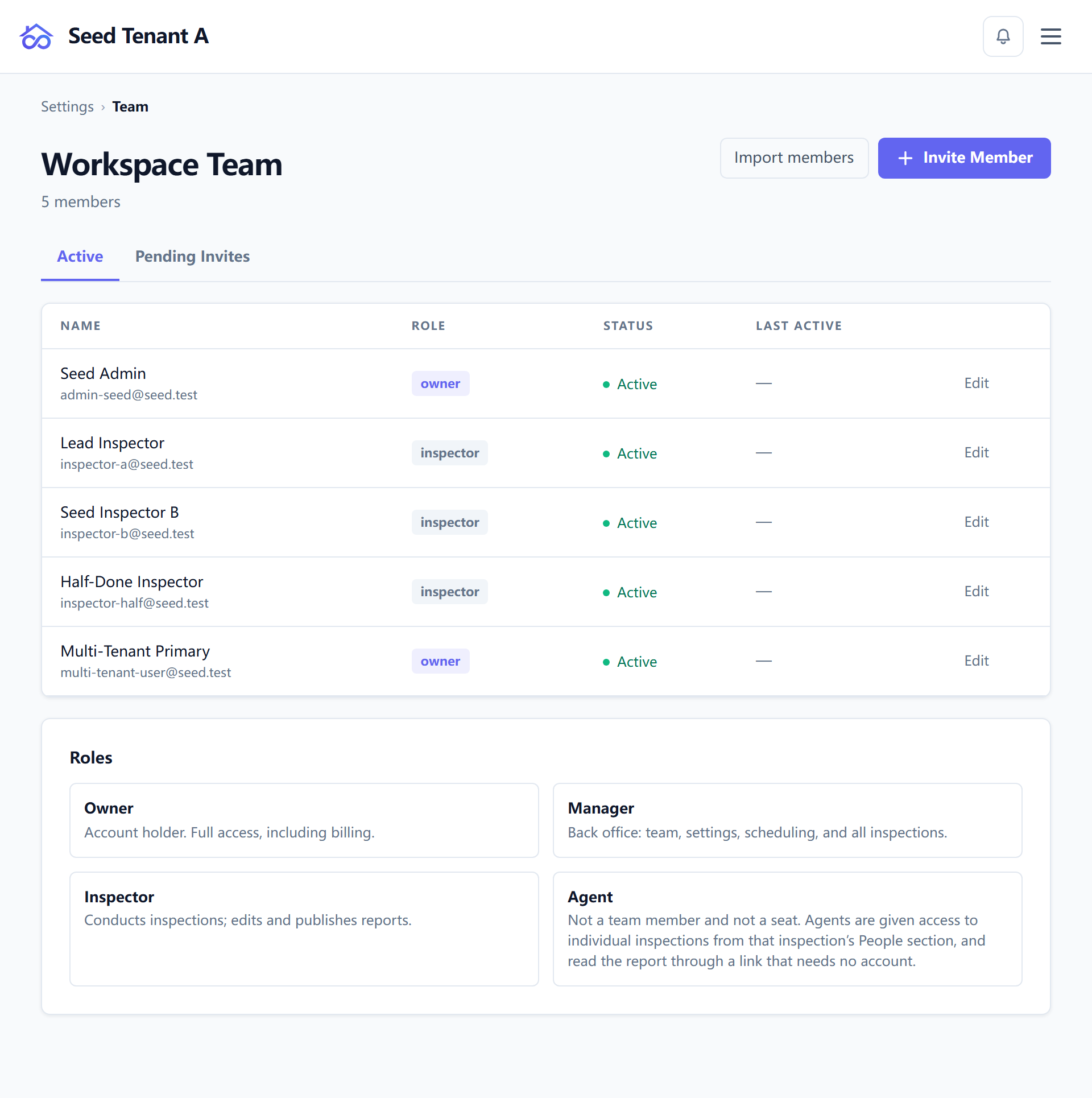 The team page, listing members with their roles